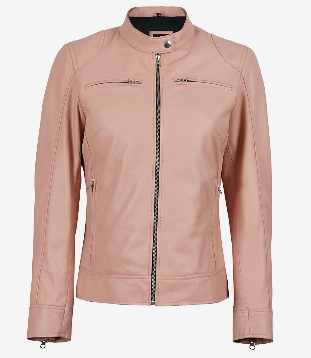 Womens Biker Racer Light Pink Leather Jacket