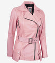 Womens Pink Belted Moto Leather Jacket