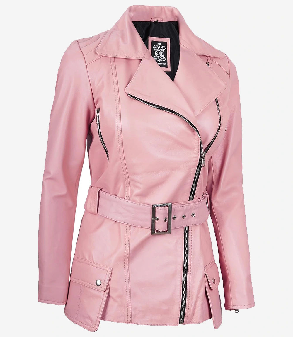 Womens Pink Belted Moto Leather Jacket