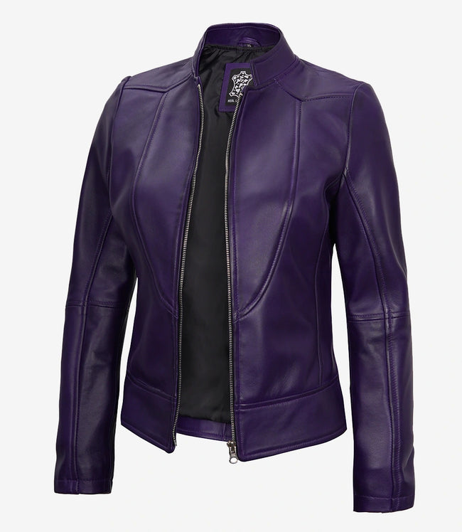 Womens Biker Cafe Racer Purple Leather Jacket