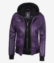 Womens Purple Hooded Bomber Leather Jacket