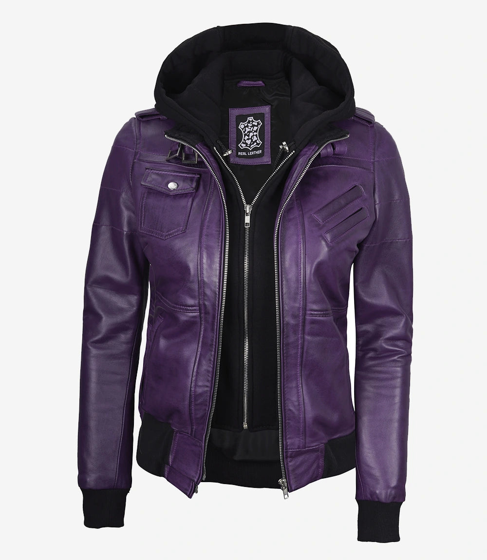 Womens Purple Hooded Bomber Leather Jacket