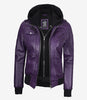 Womens Purple Hooded Bomber Leather Jacket