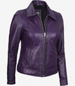 Womens Shirt Collar Purple Leather Jacket