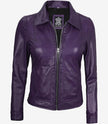 Womens Shirt Collar Purple Leather Jacket