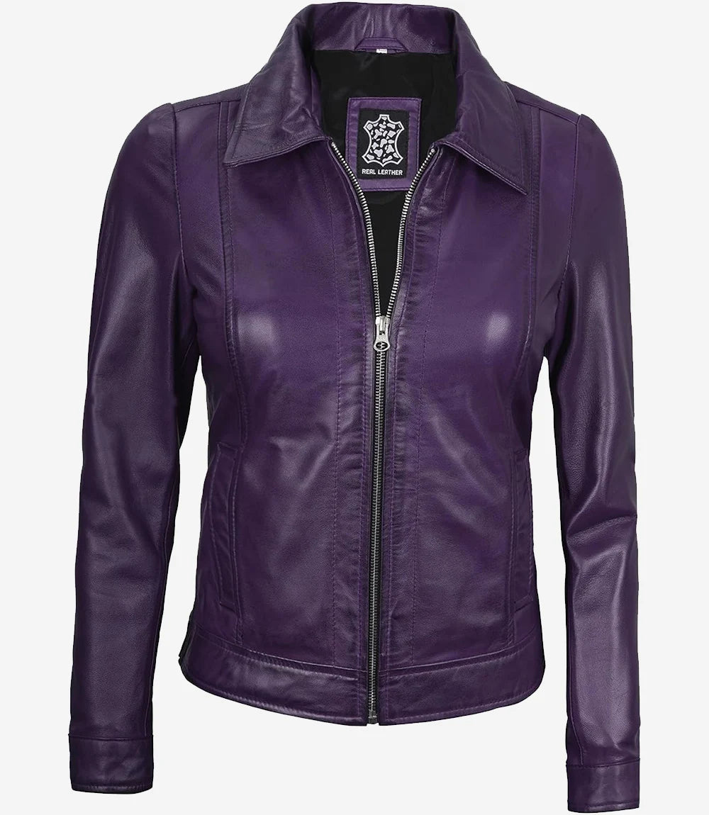 Womens Shirt Collar Purple Leather Jacket