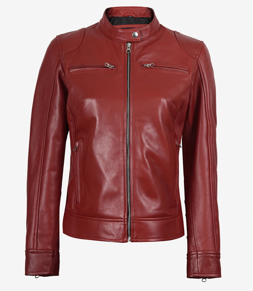 Womens Real Leather Red Moto Jacket