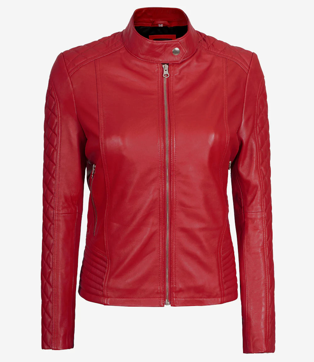 Womens Leather Red Biker Jacket