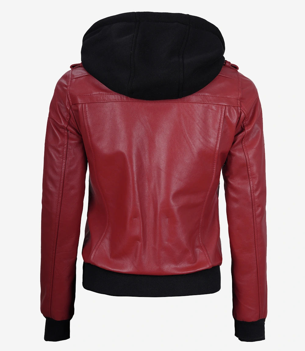 Womens Red Hooded Bomber Leather Jacket