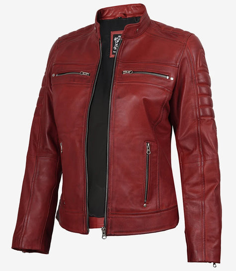 Womens Real Leather Red Cafe Racer Jacket