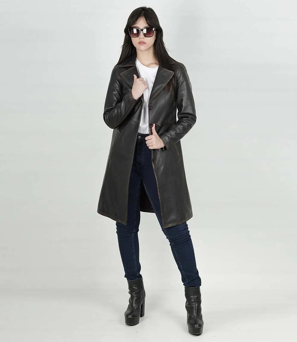 Womens Rub off Brown Long Leather Car Coat