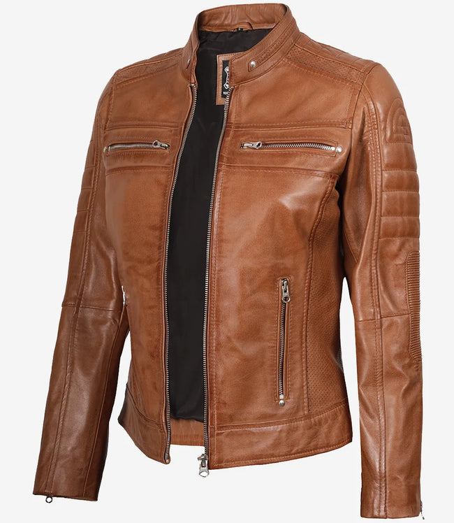 Womens Tan Cafe Racer Leather Jacket