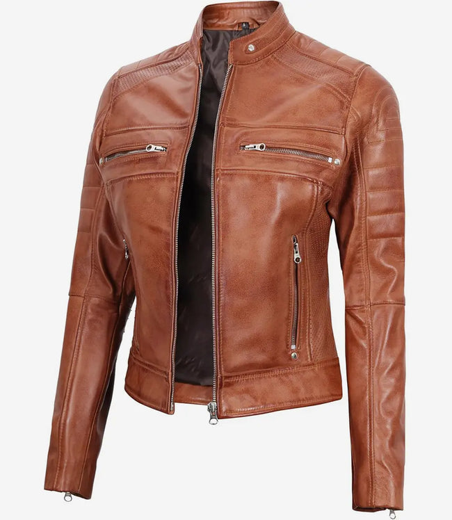 Womens Brown Cafe Racer Leather Jacket