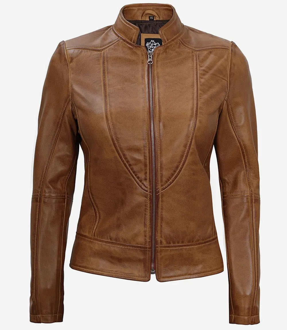Womens Vintage Camel Leather Biker Jacket