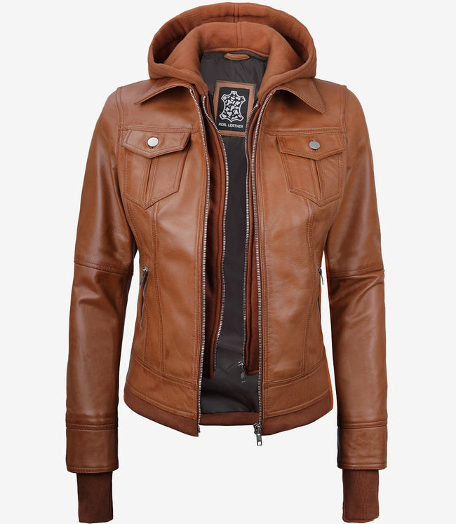 Brown Bomber Leather Jacket With Hood