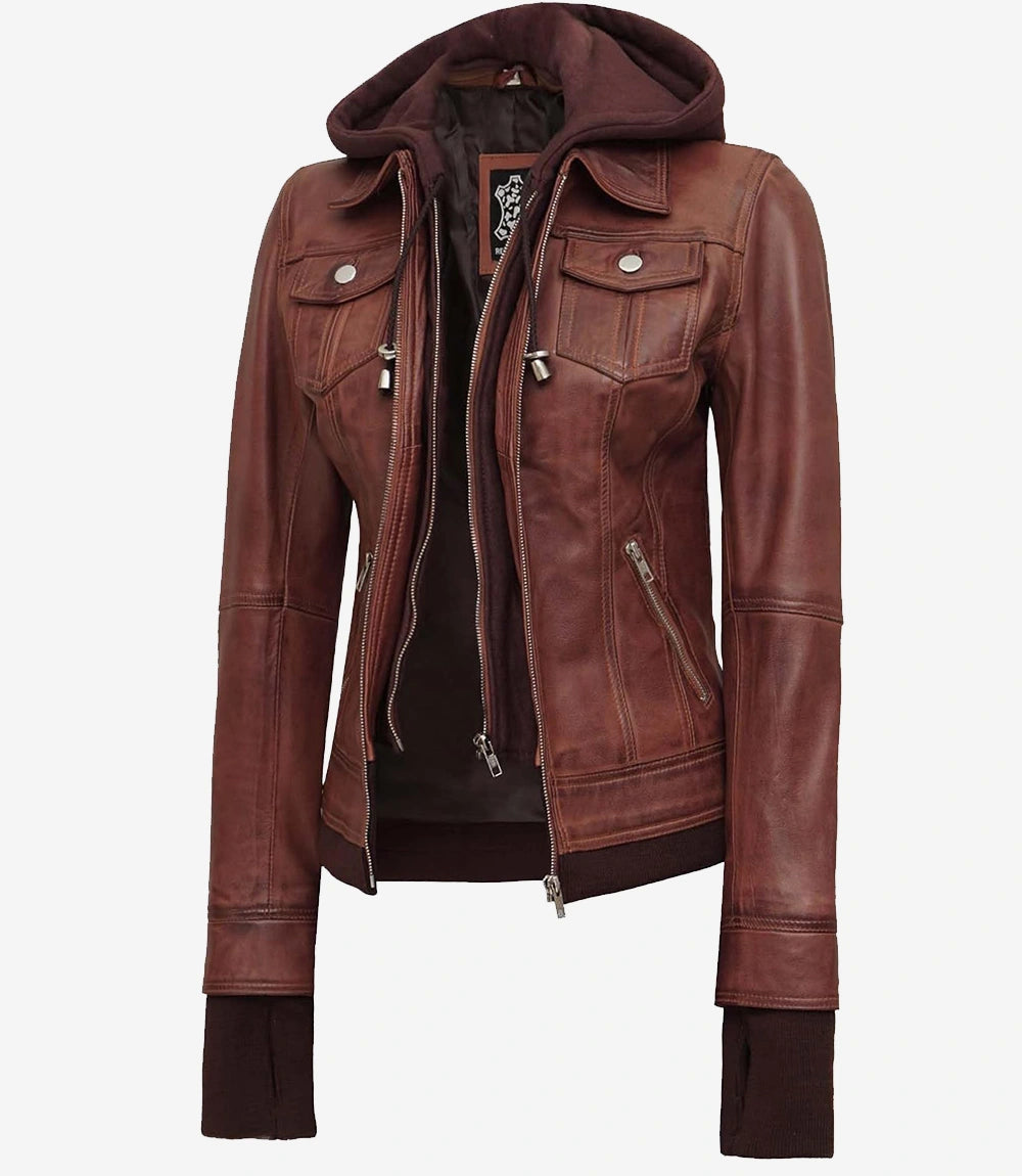Dark Brown Bomber Leather Jacket With Removable Hood