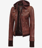 Dark Brown Bomber Leather Jacket With Removable Hood