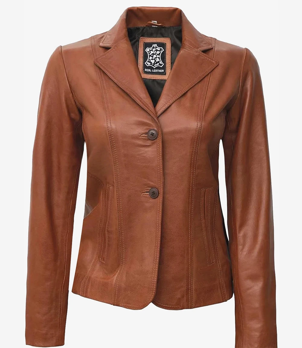 Womens Brown Leather Blazer Jacket