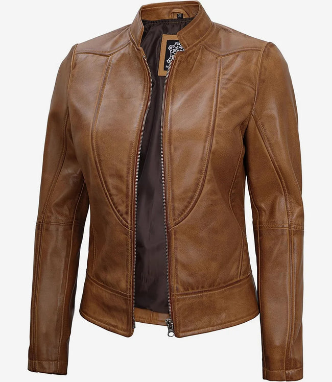 Womens Vintage Camel Leather Biker Jacket