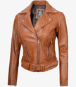 Womens Asymmetrical Belted Brown Leather Jacket