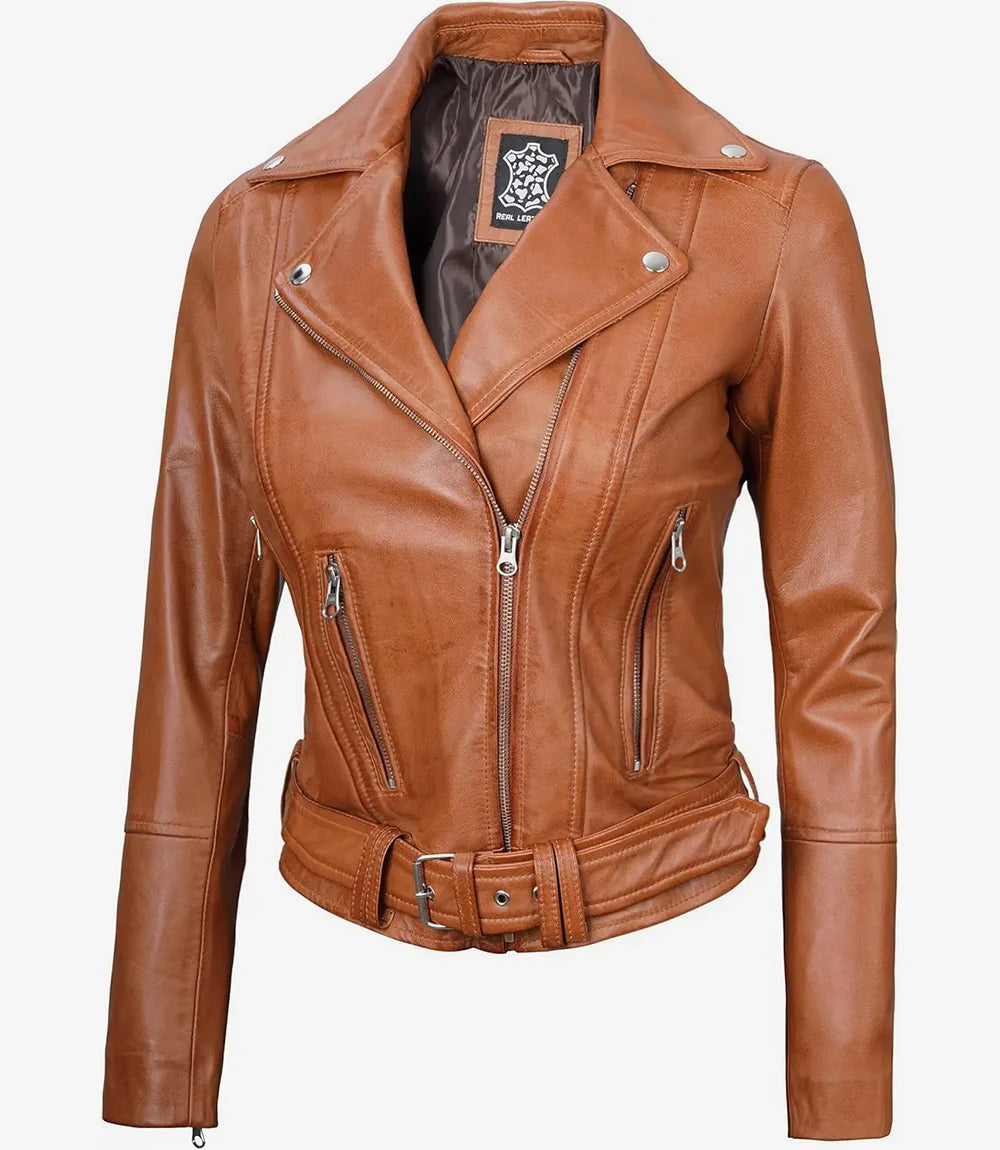 Womens Asymmetrical Belted Brown Leather Jacket