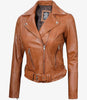 Womens Asymmetrical Belted Brown Leather Jacket