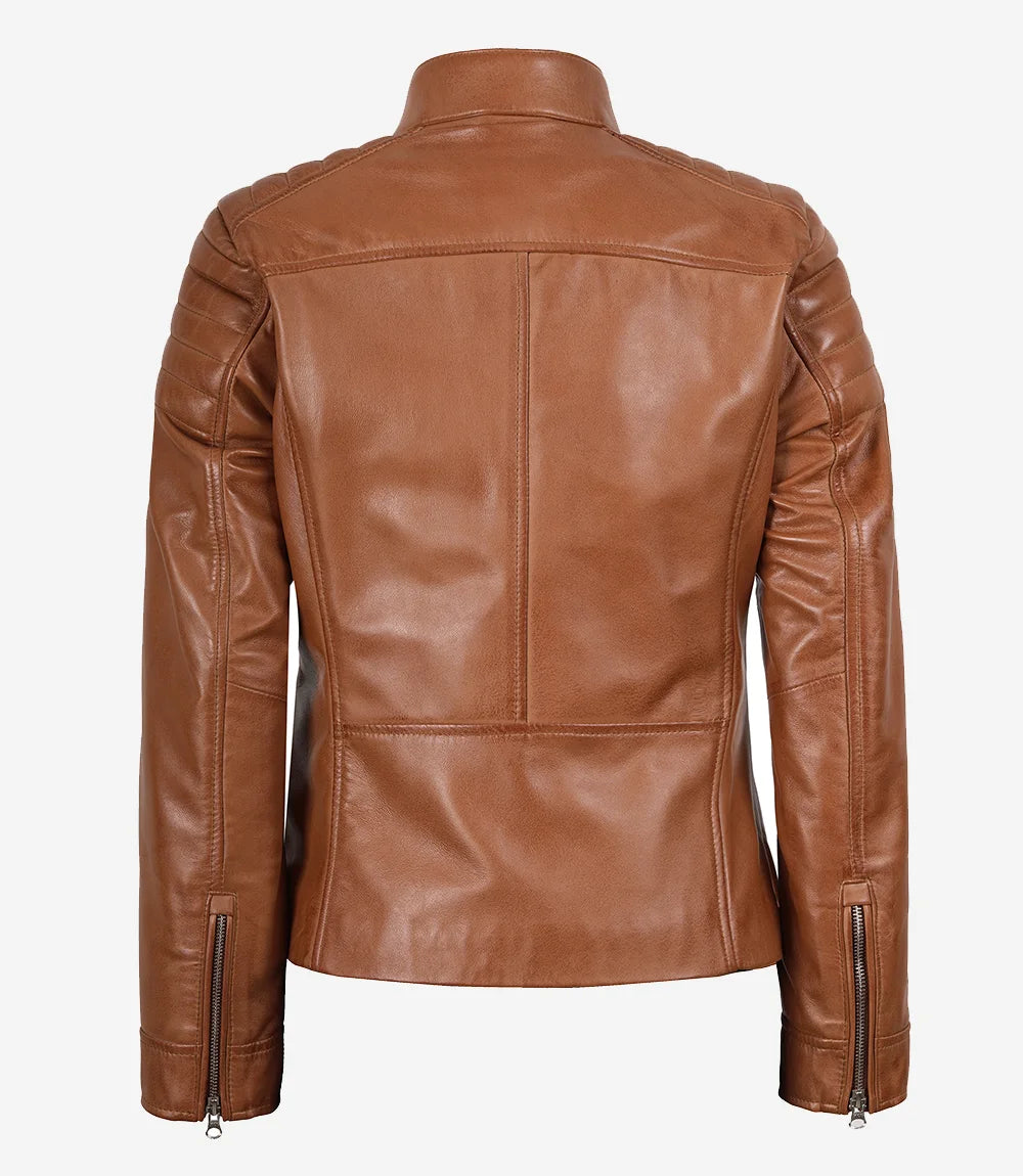 Womens Real Lambskin Leather Tan Biker Jacket