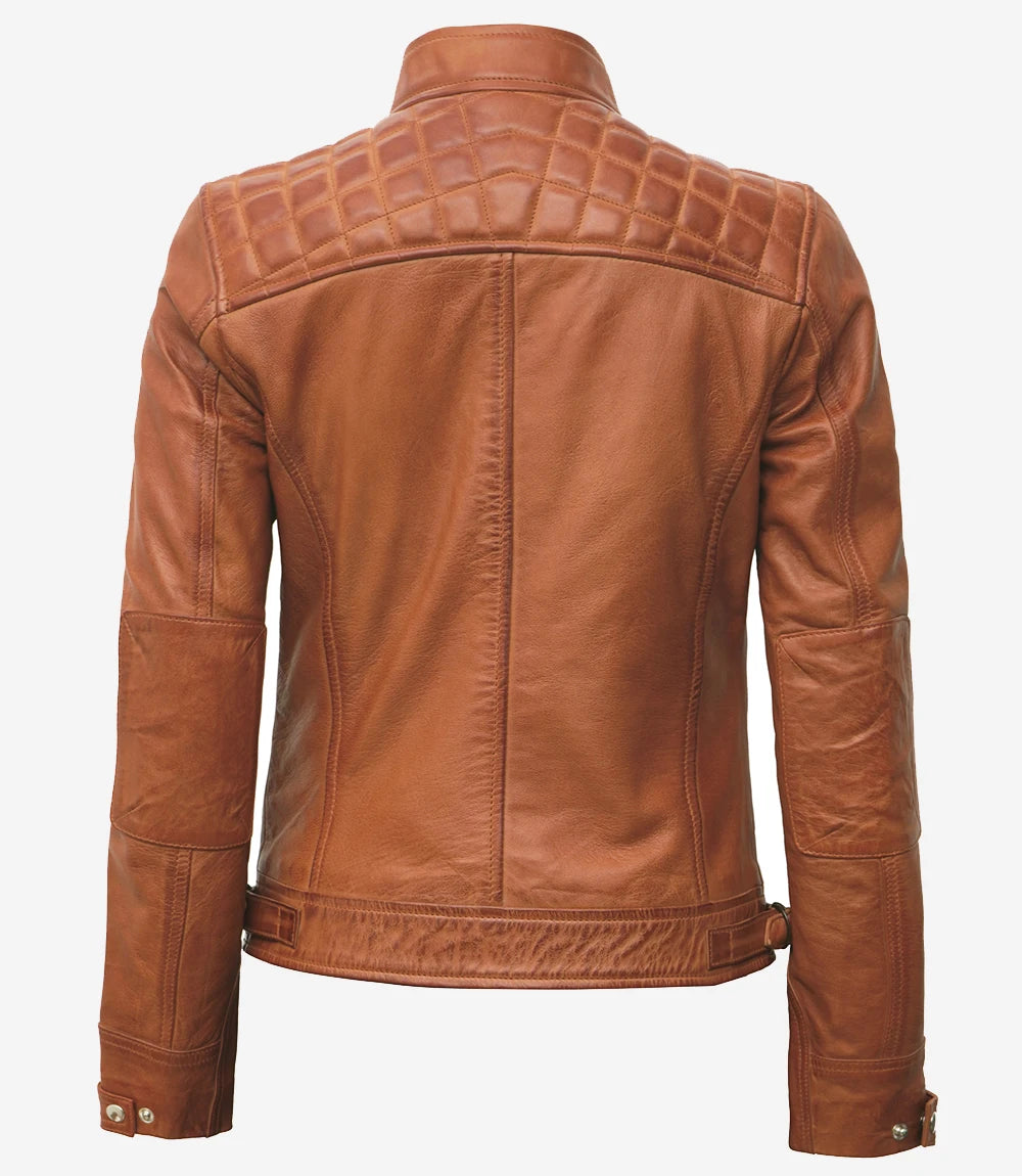 Womens Real Lambskin Leather Tan Quilted Biker Jacket