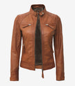 Womens Real Lambskin Leather Tan Quilted Biker Jacket