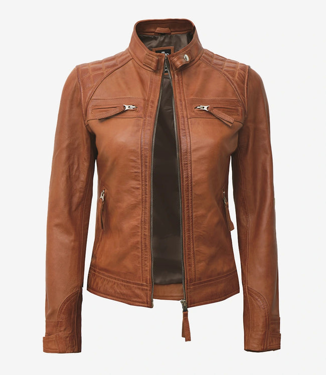 Womens Real Lambskin Leather Tan Quilted Biker Jacket