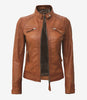 Womens Real Lambskin Leather Tan Quilted Biker Jacket