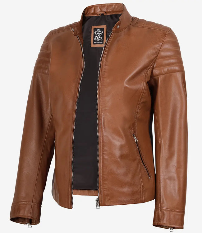Womens Real Lambskin Leather Tan Biker Jacket