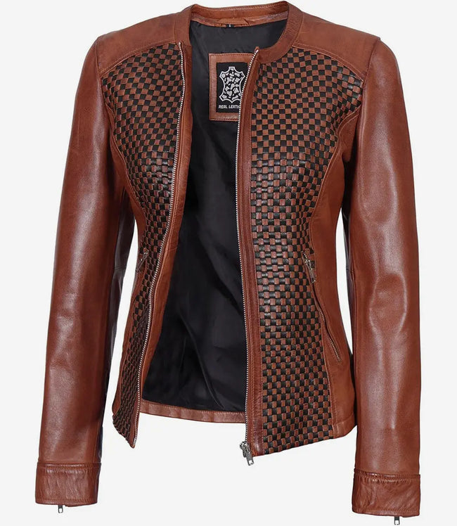 Womens Brown Textured Leather Biker Jacket