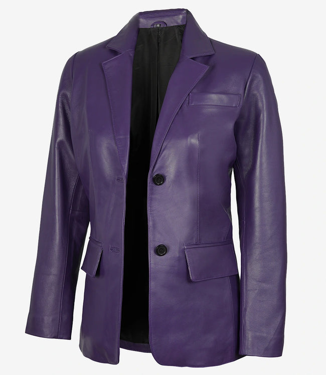 Womens Two Button Purple Leather Blazer