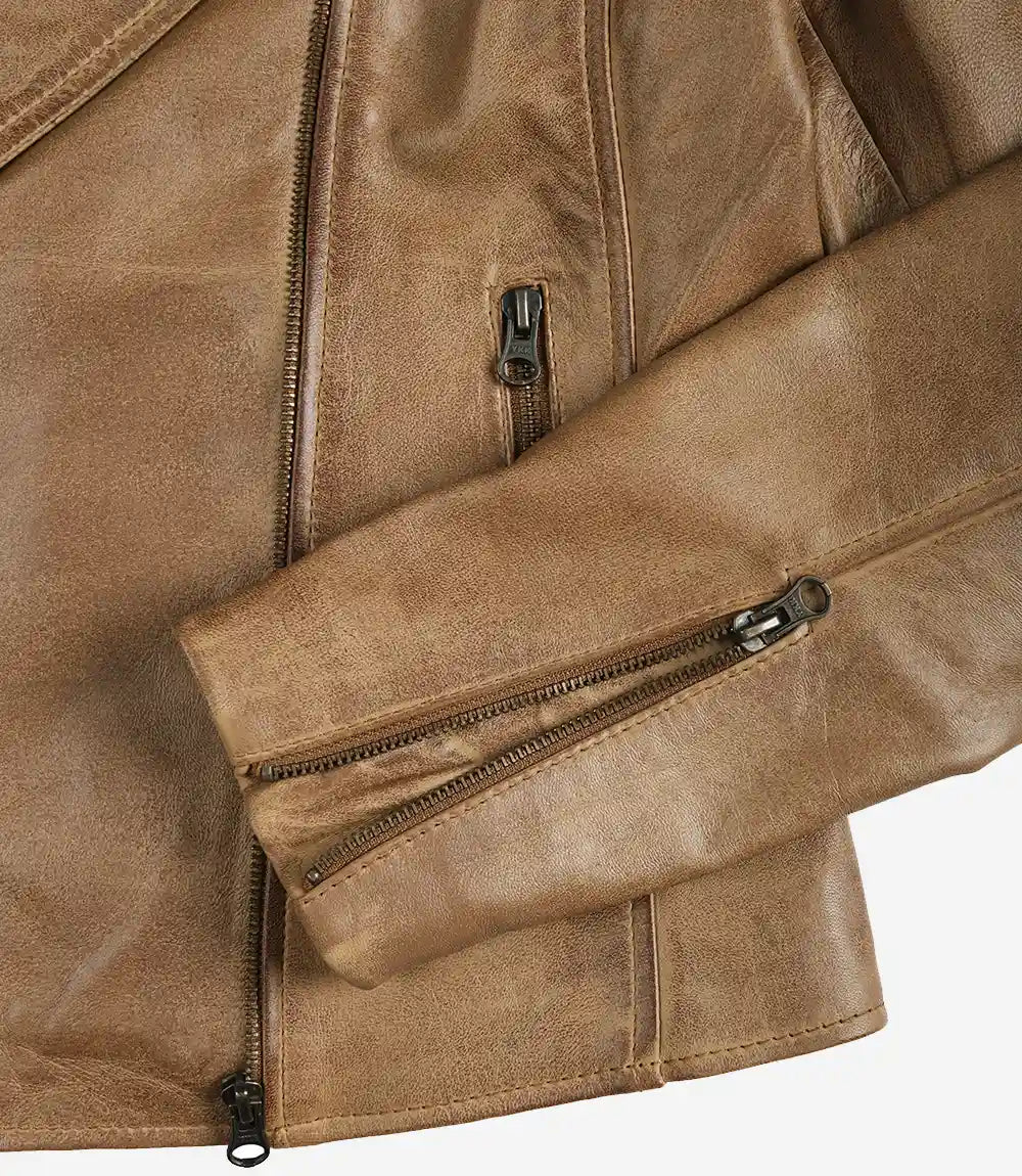 Leather Asymmetrical Camel Biker Jacket Womens