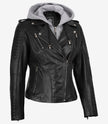 Womens Moto Black Leather Jacket with Hood