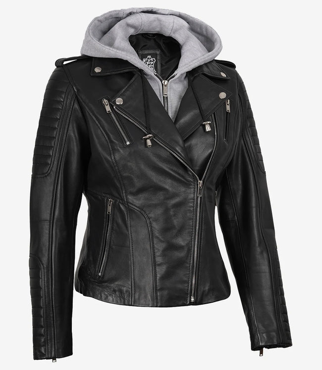 Womens Moto Black Leather Jacket with Hood