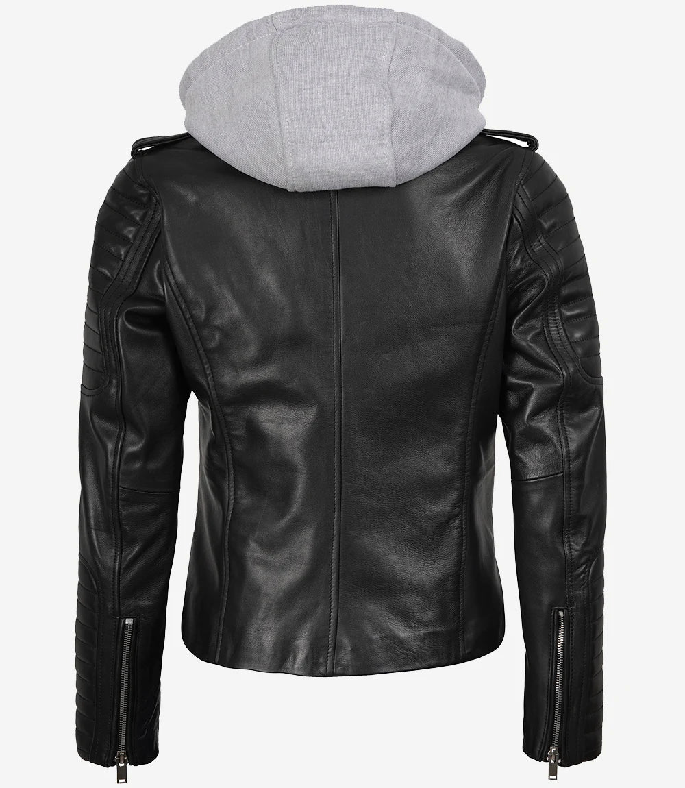 Womens Moto Black Leather Jacket with Hood