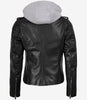 Womens Moto Black Leather Jacket with Hood