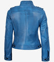 Women's Blue Waxed Lambskin Leather Biker Jacket