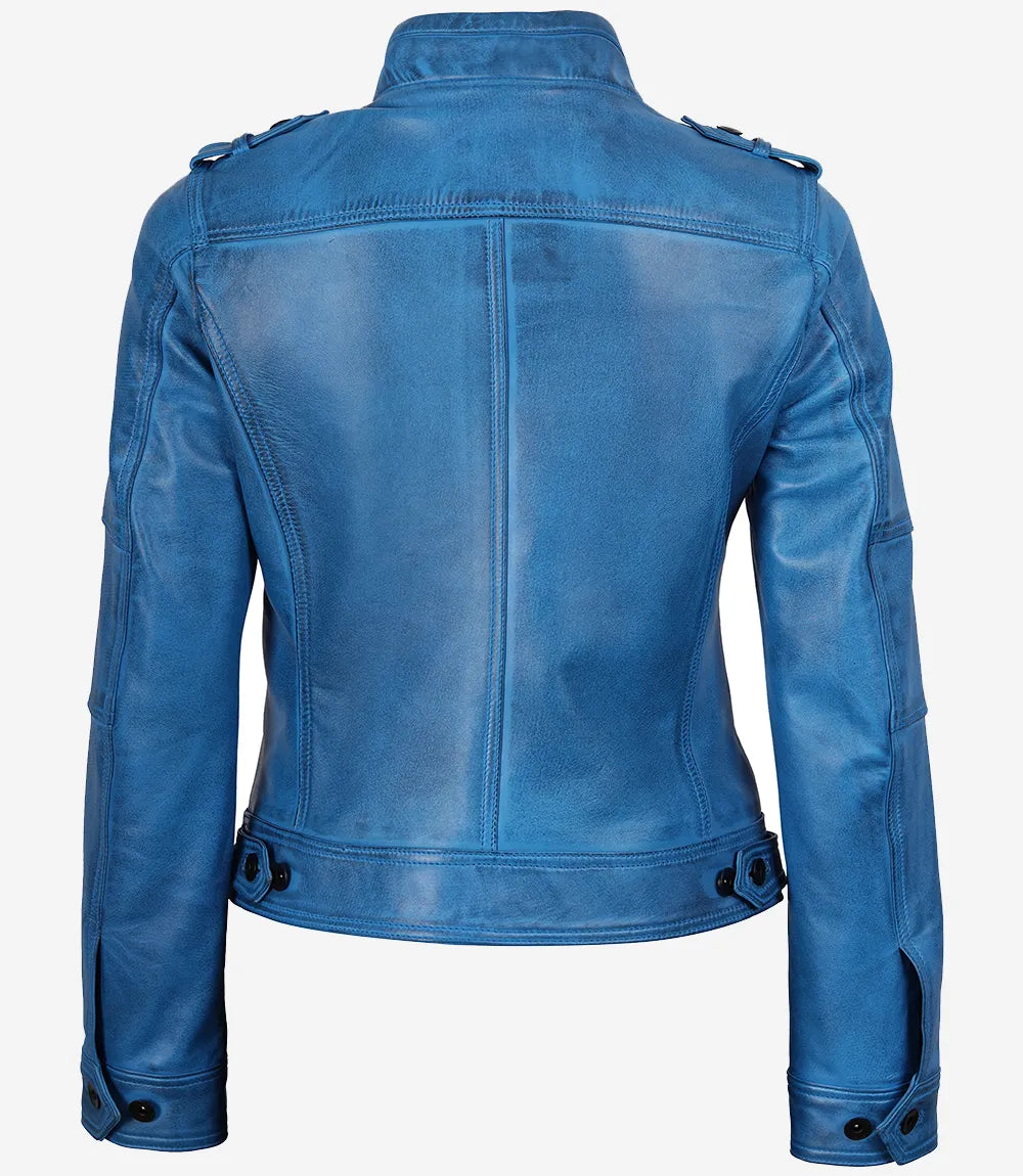 Women's Blue Waxed Lambskin Leather Biker Jacket