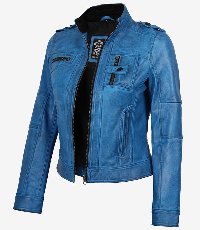 Women's Blue Waxed Lambskin Leather Biker Jacket