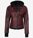 Womens Burgundy Bomber Leather Jacket With Removable Hood