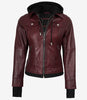 Womens Burgundy Bomber Leather Jacket With Removable Hood